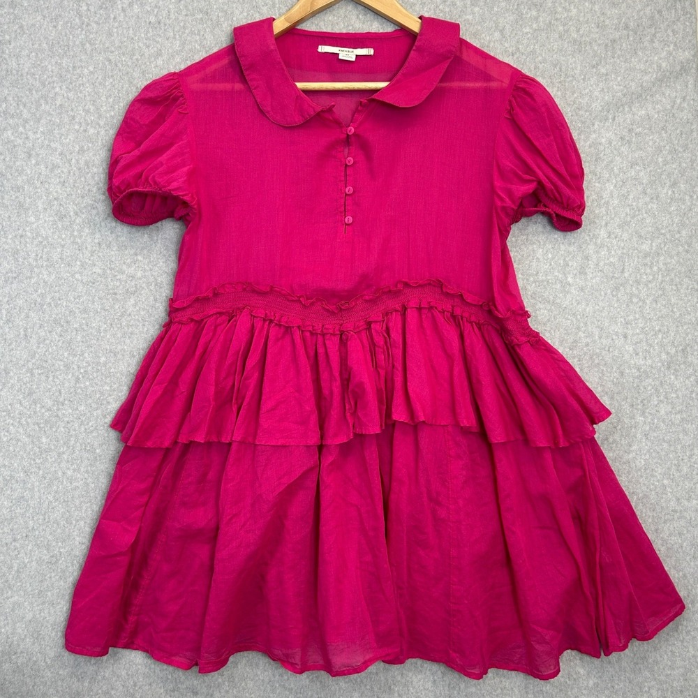 Kimchi Blue Mini Dress Pink Ruffle Smocked Peter Pan Collar Coquette Prep Small
